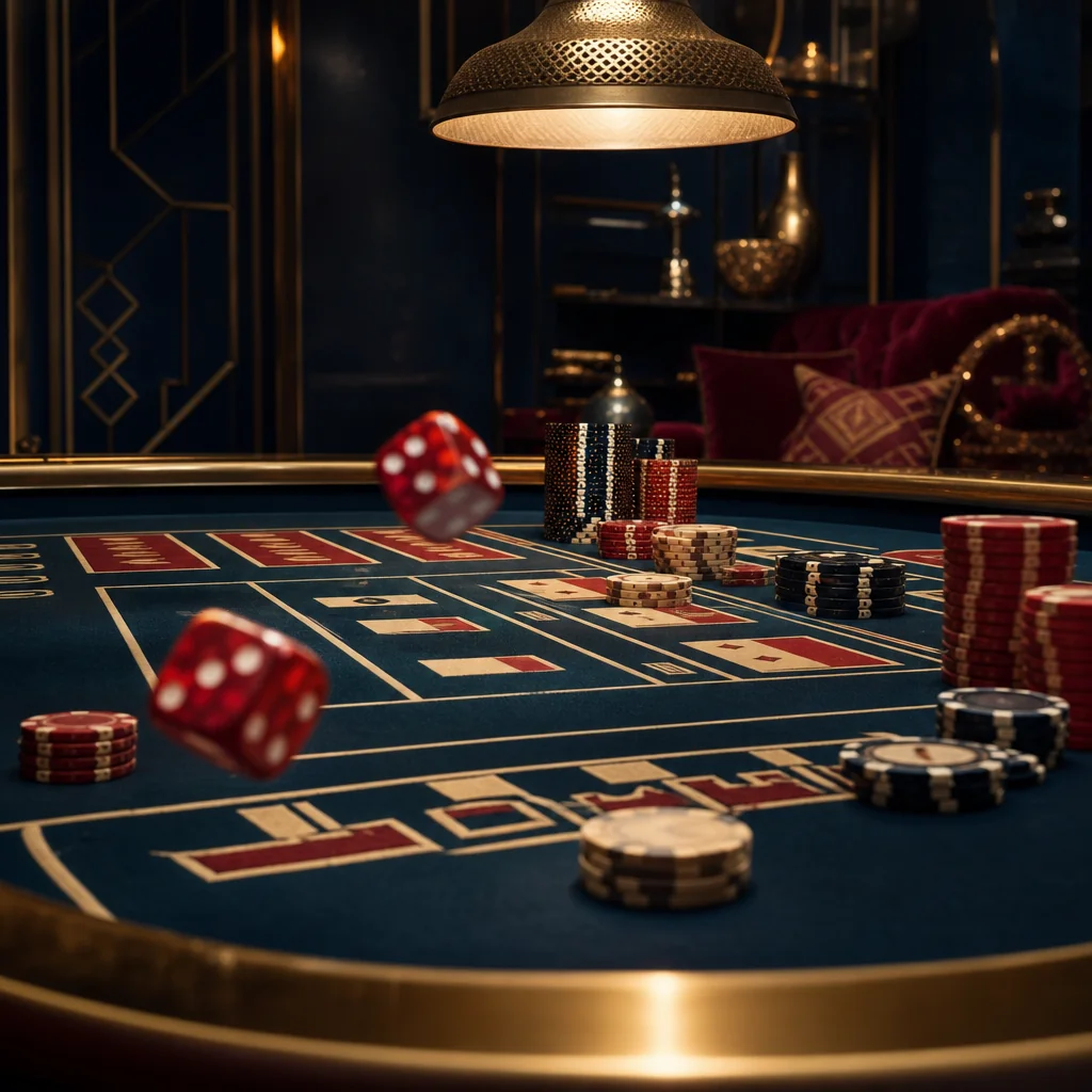 Dice mid-roll on embroidered velvet table